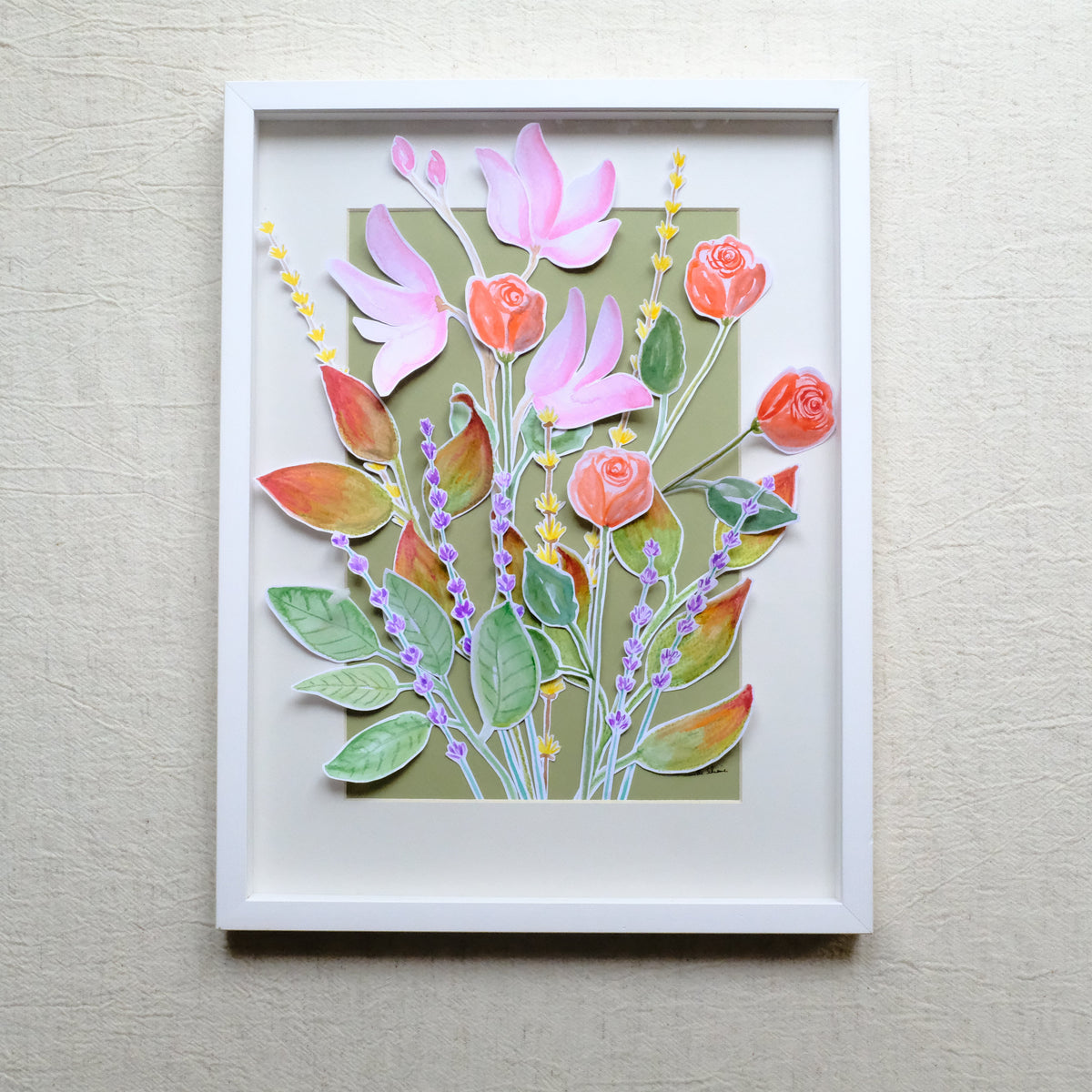 Bouquet aquarelle représentant le jardin d'enfance d'une maison familiale