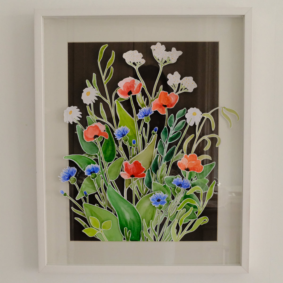 Composition sur-mesure de fleurs des champs, aquarelle encadrée 40x60 cm