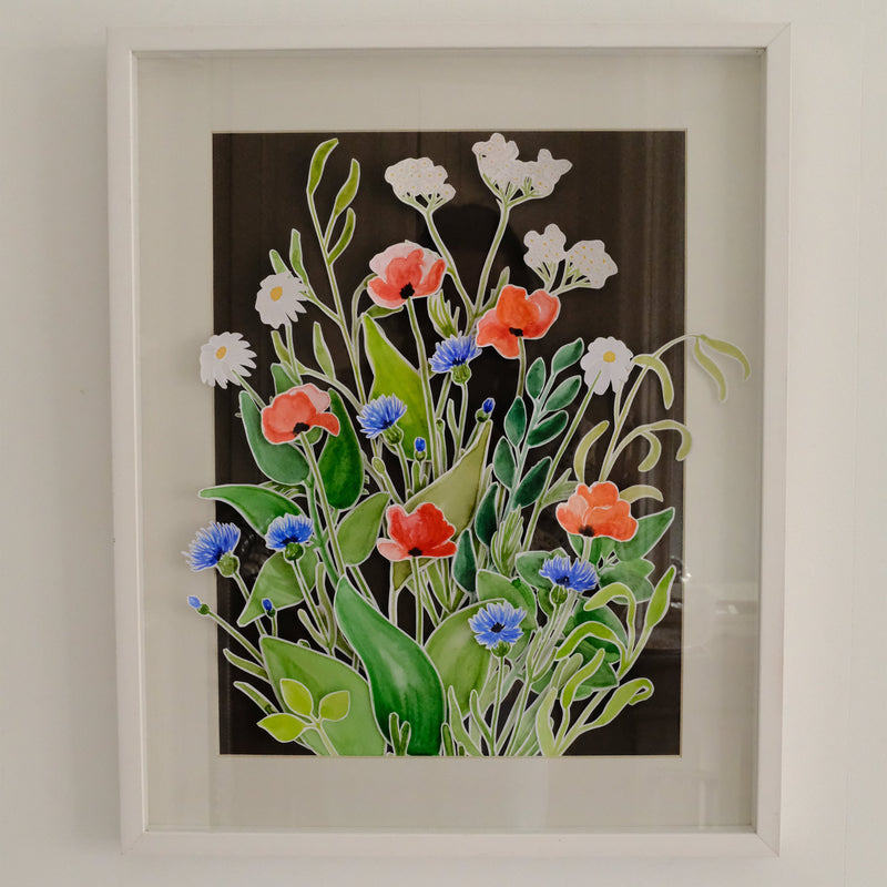 Composition sur-mesure de fleurs des champs, aquarelle encadrée 40x60 cm