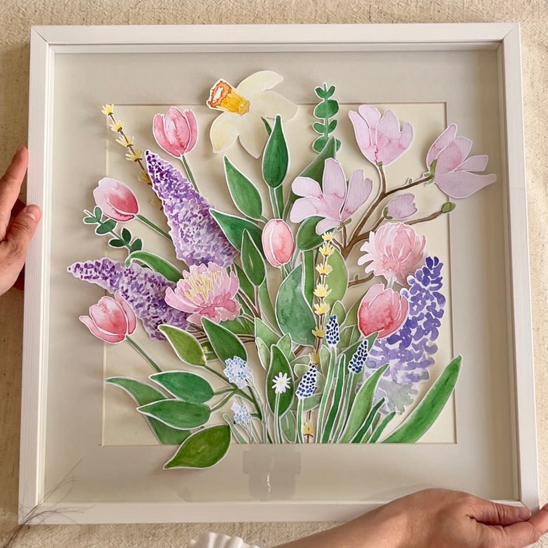 Composition aquarelle réunissant les fleurs du printemps
