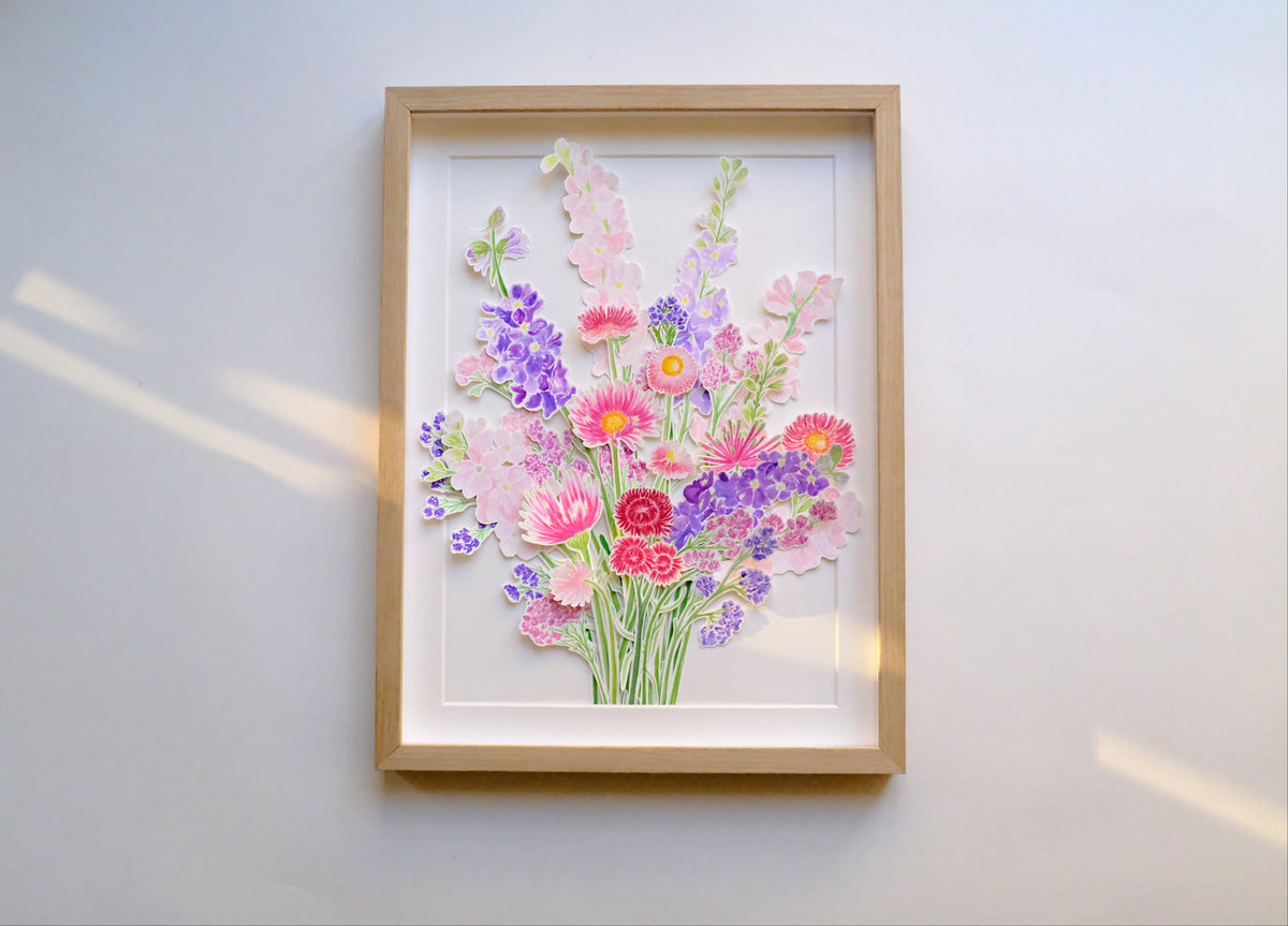 Bouquet de mariée reproduit à l'aquarelle et encadré sur-mesure, cadeau de mariage unique et personnalisé